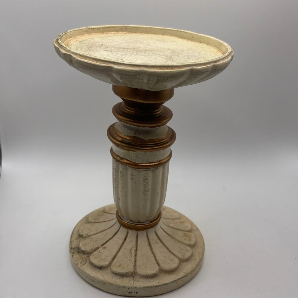 Cream and gold colored pillar candle pedestal French cottagecore VTG distressed - Picture 2 of 7